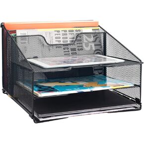 Samstar Desk File Organizer, Mesh Letter File Folder Holder with 3 Paper Trays and 2 Vertical Upright Section, for Office Supplies,Desk Accessories & Workspace,Black.