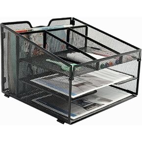 Metal Desk File Organizer with Pen Holder,3 Tier Paper Tray with Vertical File and Magazine Basket,Black.