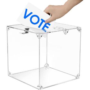 MaxGear Acrylic Donation Box, 9.8" x 9.8" x 9.8" Large Ballot Box, Suggestion Box with Lock - Large Comment Box - Clear Money Box Square Box for Fundraising, Donating, Bar, School, 1 Pack