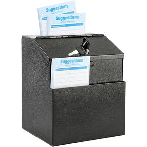 MaxGear Suggestion Box with Lock, Metal Ballot Box with Slot Wall Mounted Donation Box with 50 PCS Free Suggestion Cards, Comment Box Safe Storage Box, 2 Keys, 8.3H x 7.3L x 5.9W Inch, Black