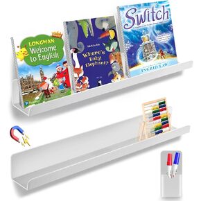 2 Pcs Magnetic Book Shelf for Whiteboard Classroom and Fridge Storage, 17Inch Acrylic Strongly Magnetic Display Shelf, with a Pen Container