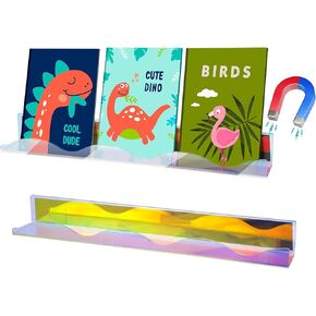 PerKoop 2 Pcs Magnetic Book Shelf for Whiteboard Classroom Acrylic Floating Bookshelf Wall Mounted Bookshelf for Teacher School(24 Inch,Rainbow)