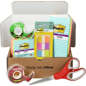Scotch and Post-it Brand Office Essentials Kit, Business and Teacher Supplies Set with Post-it Super Sticky Notes, Scotch Super Hold Tape, Scotch Magic Tape, Post-it Flags, Sharp Scissors for Office
