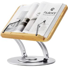 Nulaxy Bamboo 360 Rotating Book Stand for Reading, Adjustable Textbook Holder for Reading, Foldable Desktop Cookbook Stand with Protective Page Clips, Fits All Books - Silver