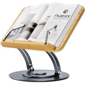 حامل كتب دوار 360 درجة من Nulaxy للقراءة، حامل كتب مدرسية من الخيزران قابل للتعديل للقراءة بدون استخدام اليدين، حامل كتب طبخ سطح المكتب قابل للطي مع مشابك صفحة واقية، يناسب جميع الكتب - فضي