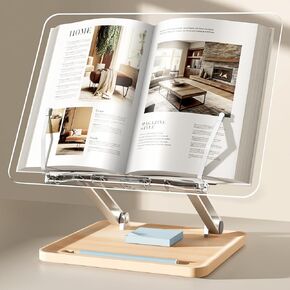 Adjustable Acrylic Book Stand for Reading, UPERGO Book Holder with Pen Slot, Foldable Desktop Riser for Laptop, Recipe, Textbook - Hands-Free,Cookbook Stand, Clear Design with Page Clips