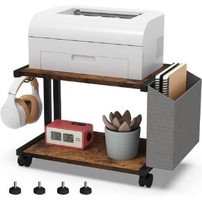 VEDECASA 2 Tier Black Printer Stand with Storage Bag for Home Office Desktop Printer Table Underdesk Organizer Mobile Printer Shelf with Caster Wheel (Black)