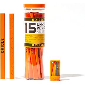Professional Carpenter Pencils Kit with Storage: 15 Flat Pencils, Sharpener, Durable PVC Container - For Construction, Contractors, and Carpenters