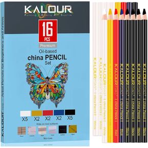 Kalour 16 PCS China Markers Grease Pencils - 5 Colors - Marking on Smooth Surfaces Like Glass, Cellophane,Vinyl,Metal,Ceramics,Plastic,Wood,Fabric,Stone,Leather -Ideal for Art,Woodworking,Construction