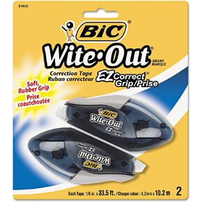 BIC Wite-Out Brand EZ Correct Grip Correction Tape, 33.5 Feet, 2-Count Pack of white Correction Tape, Fast, Clean and Easy to Use Tear-Resistant Tape Office or School Supplies