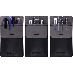 Wisdompro Pocket Protector, 3 Pack PU Leather Heavy Duty Pen Holder Pouch for Shirts, Lab Coats, Pants - Multi-Purpose - Holds Pens, Pointers, Pencils, and Notes - Black