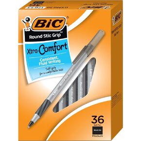 BIC Round Stic Grip Xtra Comfort Black Ballpoint Pens, Medium Point (1.2mm), 36-Count Pack, Perfect Writing Pens With Soft Grip for Superb Comfort and Control