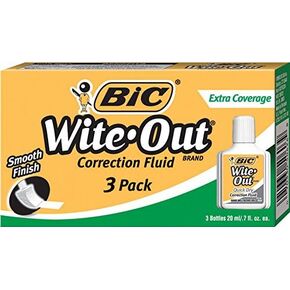 BIC Wite-Out Brand Extra Coverage Correction Fluid, 20 mL, White, Covers The Toughest Mistakes, 3-Count