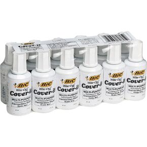 BIC Cover-it Correction Fluid, 20 mL bottle, White, Multi-Purpose And Complete Coverage, 12-Count Pack