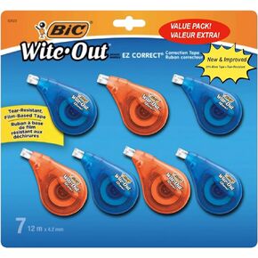 Bic White Out Tape - 7 Pack of Tear Resistant, EZ correct White Out Correction Tape - 39.3 Feet Each - Clear Dispenser - For Right And Left Hand Use