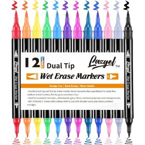 Wet Erase Markers Dual Tip, Lazgol 12 Assorted Colors, Dual Tip Brush & Fine Overhead Transparency Smudge Free Markers for Dry Erase Whiteboard, Refrigerator Calendars, Glass, Films and Any Kind of