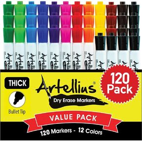 Artellius 40 Pack of Dry Erase Markers (12 ASSORTED COLORS W/ 7 EXTRA BLACK) - Thick Barrel Design - Perfect Pens For Writing on Whiteboards, Dry-Erase Boards, Mirrors, & All White Board Surfaces