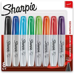 Sharpie Permanent Markers, Chisel Tip Marker Set, Poster Markers, Markers For Wood, Plastic, And More, Assorted Colors, 8 Count