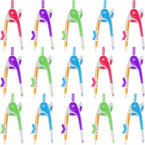 Zonon 30 Pcs Student Math Geometry Compass Tool Classroom Set Bulk 6 Inch Bright Colored Plastic Drawing Compass with Pencils Back to School Supplies for School Home Office