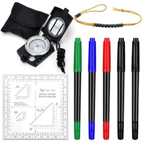 Yeaqee 8 Pcs Land Navigation Kit Includes 5 Military Map Markers Lensatic Military Compass Coordinate Scale and Protractor Pace Beads Counter for Camping, Mountaineering, Climbing, Adventure