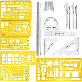 Swpeet 12Pcs Plastic Yellow Geometric Drawings Templates Kit, 4 Different Geometric Measuring Drawings Templates Stencils with 2Pcs Pencil and 4Pcs Measuring Ruler for Drawing Engineering