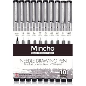 Set of 10 Black Micro-Pen Fineliner Ink Pens, Anti-Bleed & Waterproof Archival ink,Brush & Calligraphy Tip Nibs - Artist Illustration, Office Documents, Scrapbooking, Technical Drawing