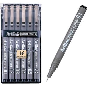 Artline 230 Drawing System Pens, Technical Drawing Pens For Drafting, Illustrating, and More, 0.1mm, 0.2mm, 0.3mm, 0.4mm, 0.5mm, and 0.8mm Fine Tips - Black, 6-Pack