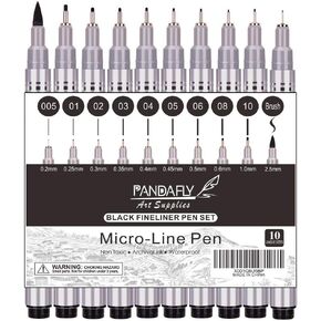 PANDAFLY Micro-Pen Fineliner Ink Pens, 10 Size Black Micro Fine Point Drawing Pen Waterproof Archival Ink Multiliner Pens for Artist Illustration, Sketching, Technical Drawing, Anime, Manga