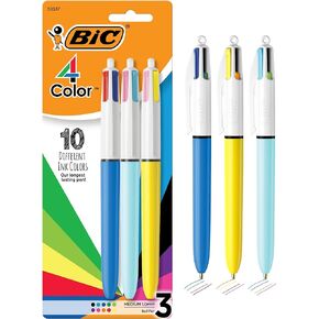 BIC 4-Color Original and Fashion Retractable Ball Pens, Medium Point (1.0mm), 3-Count Pack, Retractable Ball Pen With Long-Lasting Colorful Ink