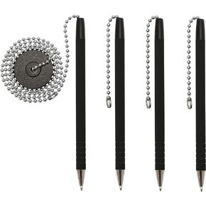 Office Werks Secure Pen With Chain And Office Pen Holder Adhesive, Reception Counter Pen With 26" Ball Chain, 4 Pens With Chain Attached Per Pack, Rubber Grip, Black Ink, Easily Refillable