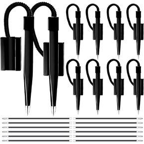 Performore 12 Pack of 5 inch Secure Counter Pens, Black with Plastic Secure Cord Attached To Adhesive Back Base Pen Holder, Reception Pen Includes 12 Refills for Home Workplace School Office