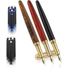 3 Pcs Luxury Wooden Fountain Pens Set, Vintage Fine Nib Fountain Pen Handcrafted Wood Pen with 12 2.6 mm Ink Cartridges Retro Writing Pen Gift for Calligraphy Business