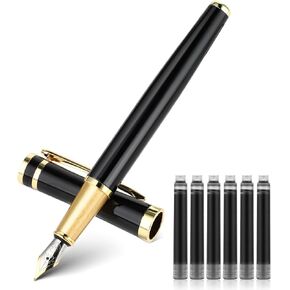 TIESOME Luxury Metal Fountain Pen Set, 0.5mm Fine Nib Fountain Pen with 6 2.6mm Black Ink Cartridges Smooth Writing Pen Gift for Business Office Journaling Men Women