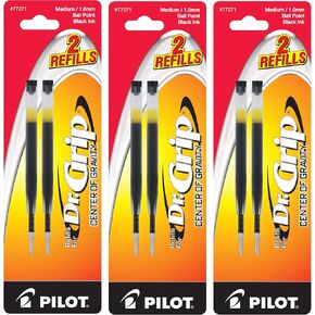 Pilot Dr. Grip Center of Gravity Ballpoint Pen Refills, Medium Point, Black Ink, 3 Packs of 2 Refills (6 Refills Total)