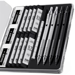Four Candies 4PCS Metal Mechanical Pencils Set with Case, 0.5mm & 0.7 mm Artist Pencil with 8 Tubes (480PCS) HB Lead Refills, 3 Erasers,9 Eraser Refills For Writing Drafting, Drawing, Black&Silver in Kuwait