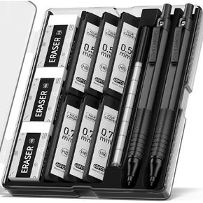 Four Candies 4PCS Metal Mechanical Pencils Set with Case, 0.5mm & 0.7 mm Artist Pencil with 8 Tubes (480PCS) HB Lead Refills, 3 Erasers,9 Eraser Refills For Writing Drafting, Drawing, Black&Silver