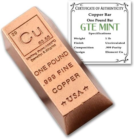 1 Pound Copper Bullion Bar Ingot Paperweight - 999 Pure Chemistry Element Design with Certificate of Authenticity in Kuwait