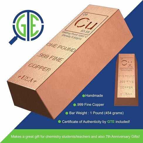 1 Pound Copper Bullion Bar Ingot Paperweight - 999 Pure Chemistry Element Design with Certificate of Authenticity in Kuwait