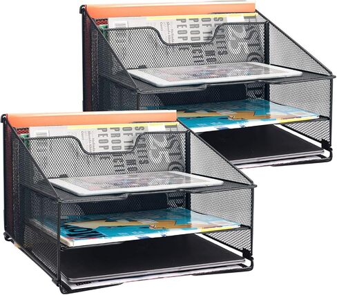 samstar White Desk File Organizer, Mesh Letter File Folder Holder with 3 Paper Trays and 2 Vertical Upright Section, for Office Supplies, Desk Accessories & Workspace, White in Saudi Arabia