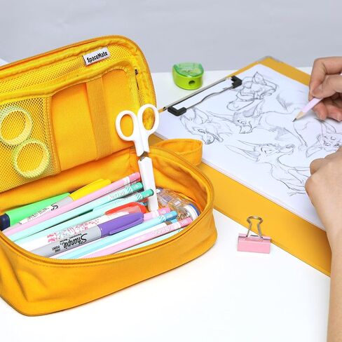 SPACEMATE Heavy Duty Canvas Pencil Case Pouch Bag - Holds 50-100 Pencils - Large Big Capacity Aesthetic Pen Case School Supplies for Back to School College Students (Yellow) in Kuwait