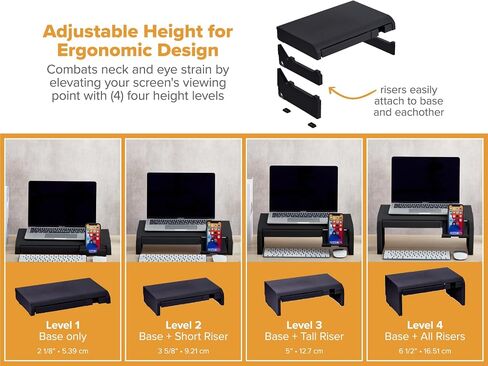 Bostitch Konnect Adjustable Monitor Riser with Drawer, Cell Phone Stand & Pencil Holder, Laptop Stand for Desk, 4 Height Levels, Cable Management & Rubber Feet in Saudi Arabia