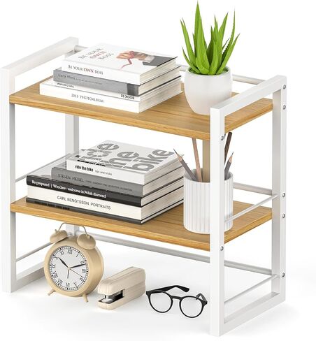 Office Desk Shelf Organizer, Wood Desktop Bookshelf Supplies Storage Rack, Shelf for Top of Desk and Dresser (Black-2 Tier) in Kuwait
