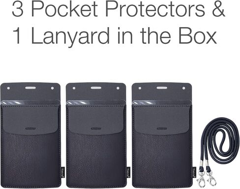 Pocket Protector, 3 Pack Leather Pen Pencil Holder Pouch Organizer for Men Pocket Shirt Lab Coat Small Tools, Designed with a Lanyard & an Extra Back Pocket, Thick PU Leather, Black in Saudi Arabia