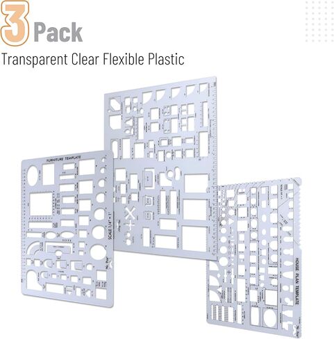 مخطط مستر بن هاوس، قوالب التصميم الداخلي والأثاث، أدوات الرسم وأشكال المساطر للهندسة المعمارية - مجموعة من 3 قطع in Kuwait