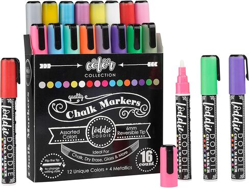 Loddie Doddie Liquid Chalk Markers (24-Pack) - Dust-Free Erasable Pens for Windows, Glass, Chalkboard & Blackboard - 6mm Reversible Bullet & Chisel Tip in Kuwait