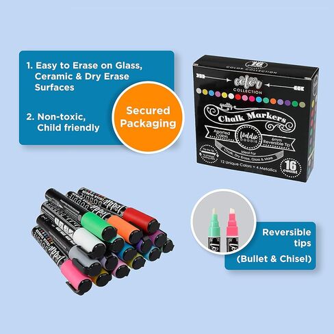 Loddie Doddie Liquid Chalk Markers (24-Pack) - Dust-Free Erasable Pens for Windows, Glass, Chalkboard & Blackboard - 6mm Reversible Bullet & Chisel Tip in Kuwait