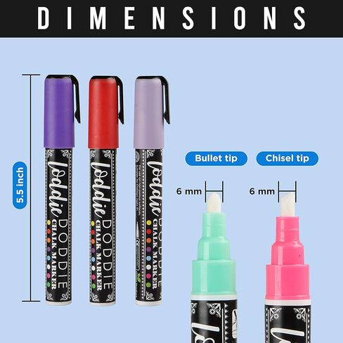 Loddie Doddie Liquid Chalk Markers (24-Pack) - Dust-Free Erasable Pens for Windows, Glass, Chalkboard & Blackboard - 6mm Reversible Bullet & Chisel Tip in Kuwait