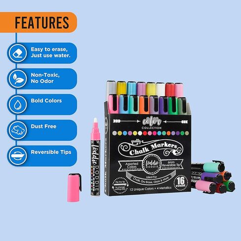 Loddie Doddie Liquid Chalk Markers (24-Pack) - Dust-Free Erasable Pens for Windows, Glass, Chalkboard & Blackboard - 6mm Reversible Bullet & Chisel Tip in Kuwait