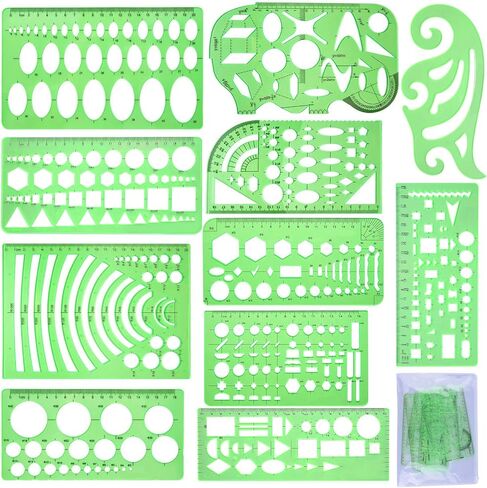 11 قطعة من قوالب الرسومات الهندسية من SIQUK، مساطر بلاستيكية خضراء شفافة مع عبوة واحدة من مظاريف سحاب بولي للدراسة والتصميم والبناء in Kuwait