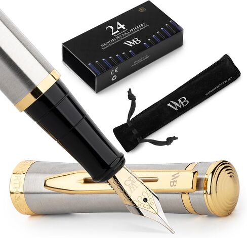 Wordsworth & Black Fountain Pen Set, 18K Gilded Medium Nib, Includes 24 Pack Ink Cartridges, Ink Refill Converter & Gift Pouch, Gold Finish, Calligraphy, [Black Gold], Perfect for Men & Women in Saudi Arabia